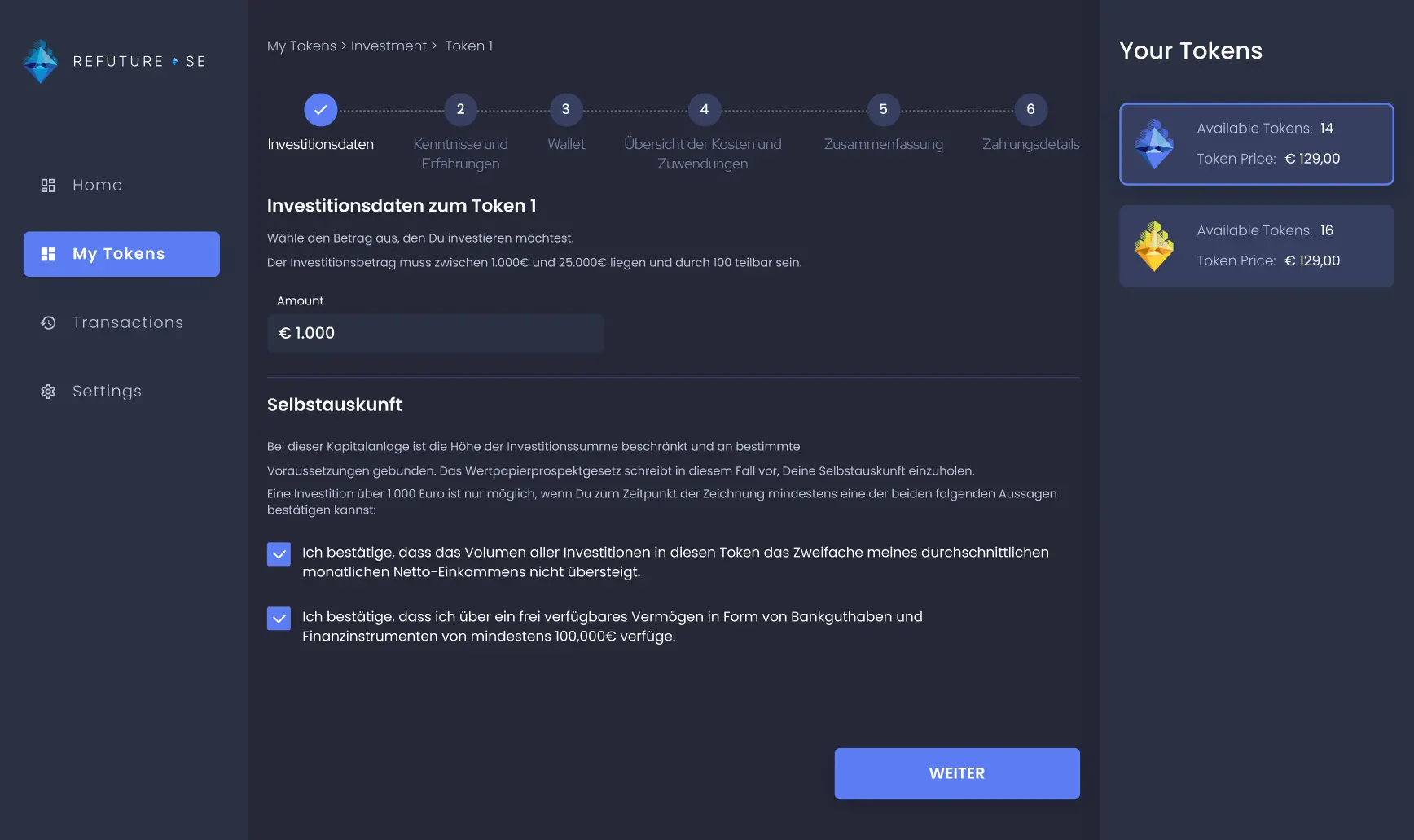 REFuture screen investitionsdaten