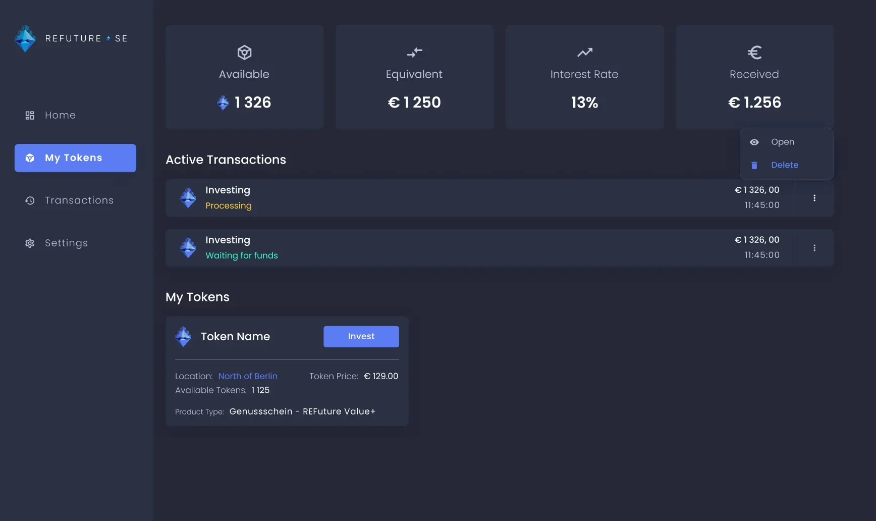 REFuture screen my tokens