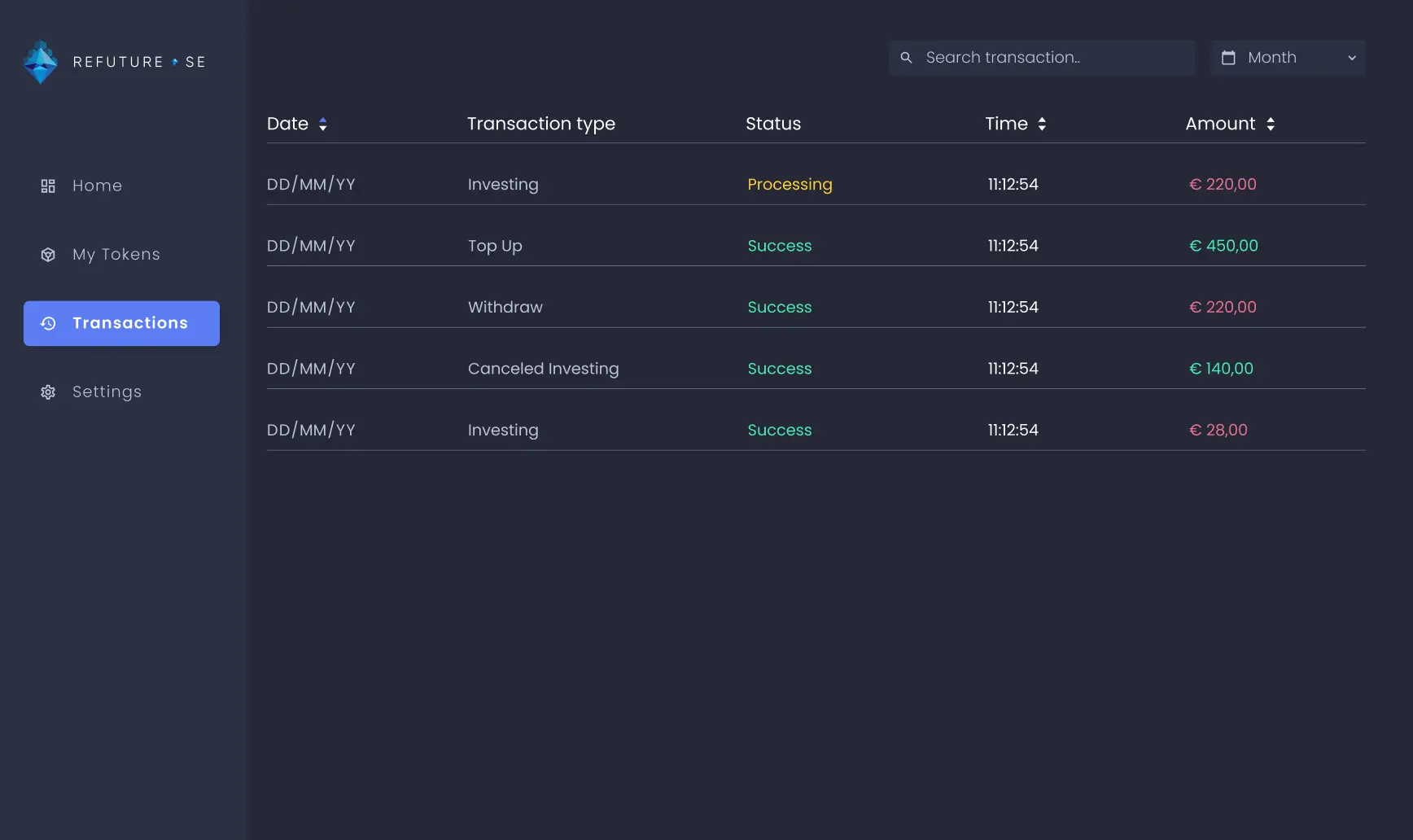 REFuture screen transactions history